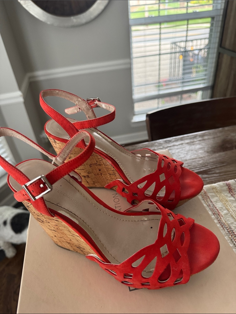 BCBGeneration Red Cork Wedge Sandals with Cutout Upper - Picture 4 of 4